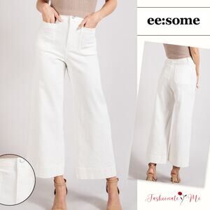 ee:some Soft Washed High Rise Front Pockets Ankle Wide Leg Pants in Off White